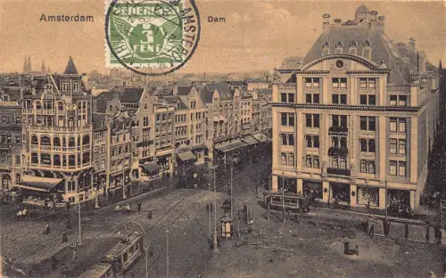 Niederlande 1927 Dam Platz Straßenbahn Vintage Postkarte