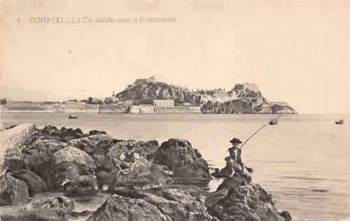 L328 Griechenland Korfu Zitadelle Blick d'Animomolo Fischer Meer Vintage Postkarte