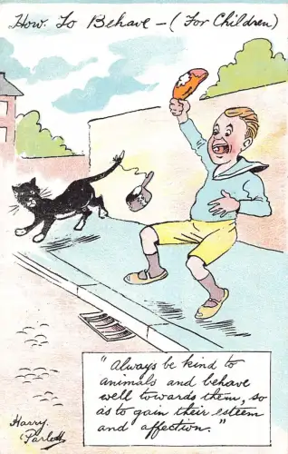 L019 Harry Parlett "Wie man sich für Kinder verhält" Humor signiert Vintage Postkarte