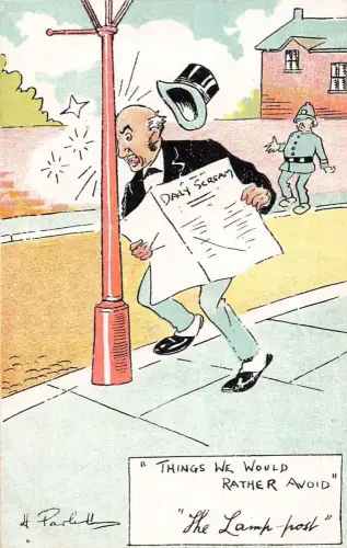 L019 Harry Parlett "Dinge, die wir lieber vermeiden würden" Humor signiert Vintage Postkarte