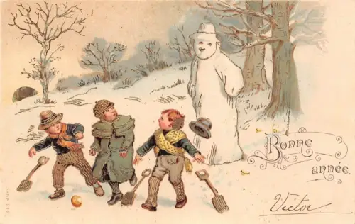 L179 Neujahrsgrüße vermenschlicht Schneemann Kinder Fantasy Prägepostkarte