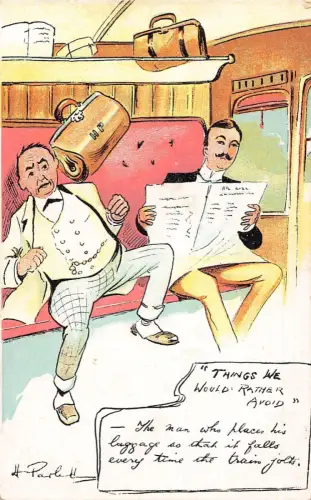 L019 Harry Parlett "Dinge, die wir lieber vermeiden würden" Humor signiert Vintage Postkarte