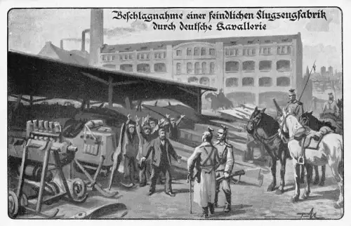 L018 Beschlagnahme einer feindlichen Flugzeugfabrik durch deutsche Kavallerie Vintage Postkarte