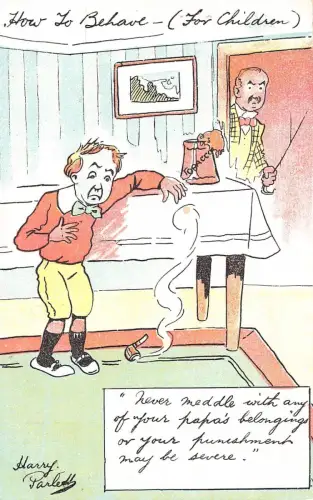 L019 Harry Parlett "Wie man sich für Kinder verhält" Humor signiert Vintage Postkarte