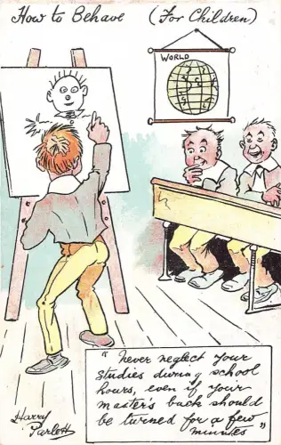 L019 Harry Parlett "Wie man sich für Kinder verhält" Humor signiert Vintage Postkarte