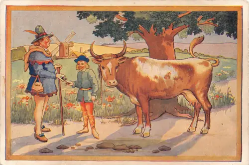 A897 Fantasy Märchen Jack und die Bohnenstange Bube verkauft Kuh Postkarte
