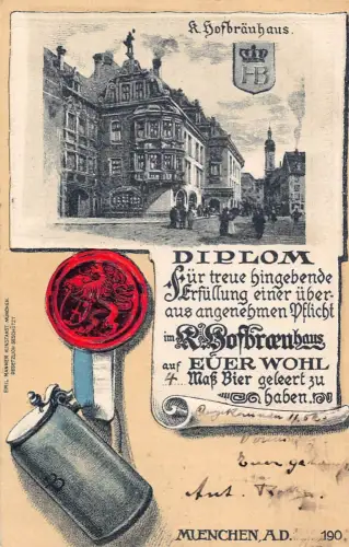 L406 Deutschland München 1905 Hofbrauhaus Diplom Bierdose geprägt Postkarte