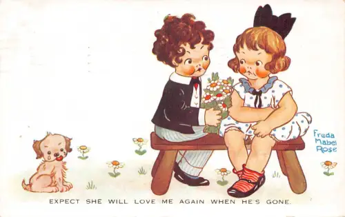 A897 Comic Humor 1929 Paar Blume weint sie wird mich wieder lieben Postkarte