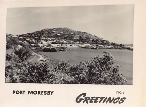 B642 Papua-Neuguinea Grüße Hafen Moresby Gesamtansicht RPPC Vintage Postkarte