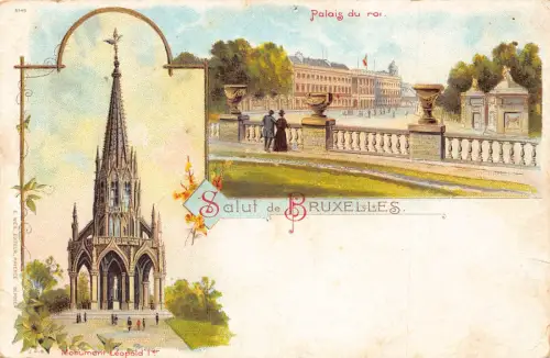 A902 Belgien Salut de Bruxelles Palais du Roi Denkmal Leopold I Litho Postkarte