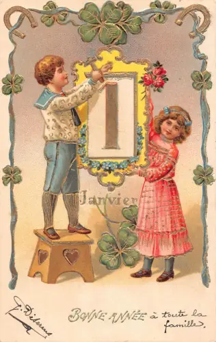 L189 Neujahrsgrüße 1905 Kinder Kleeblatt Glück Jugendstil Postkarte