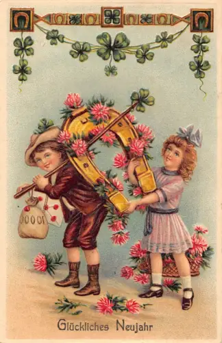 L191 Neujahrsgrüße 1912 Kinder Hufeisen Kleeblatt Glück Geldsack Postkarte