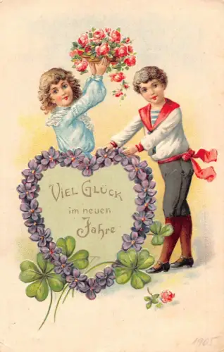L189 Neujahrsgrüße 1905 Kinder Blumen Glück Kleeblatt Prägepostkarte
