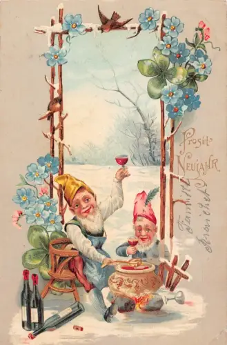 L192 Neujahrsgrüße 1903 Zwerge trinken Wein Blumen Vogel Glück Postkarte