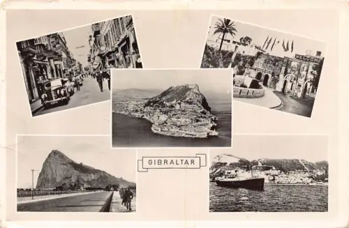B167 Gibraltar 1957 Mehransicht Auto Dampfschiffe Klippen RPPC Postkarte