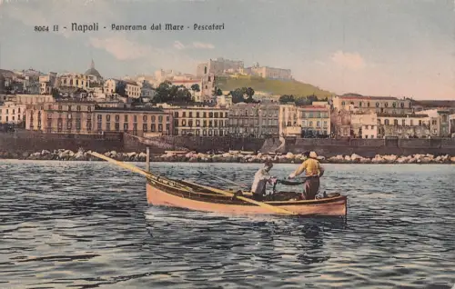 L279 Italien Neapel Panorama dal Mare Seefischer im Boot Postkarte