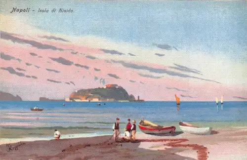 L278 Italien Neapel Isola di Nisida Strand Boote Gemälde signiert Floppiola Postkarte
