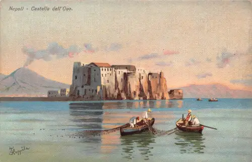L278 Italien Napoli Neapel Castello dell'Ovo Fischer Boote Gemälde Postkarte