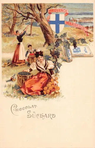 Werbung Schokolade Suchard Frankreich Marseille Dame sammelt Früchte Postkarte B979