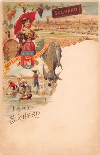 Werbung Schokolade Suchard Frankreich Bordeaux Fischer Fisch Vogel Postkarte B979