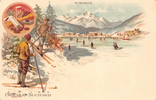 Werbung Chocolat Suchard Schweiz St Moritz Ski Skate Sport Postkarte B978