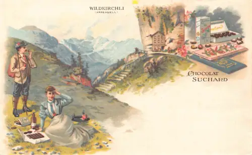 Werbung Schokolade Suchard Schweiz Kapelle Wildkirchli Picknick Postkarte B978