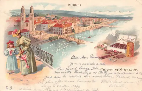 Werbung Schokolade Suchard Schweiz 1899 Zuerich Mädchen Dame Postkarte B978