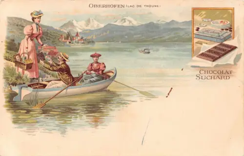 Werbung Schokolade Suchard Schweiz Oberhofen Lac Thoune Liebe Postkarte B978