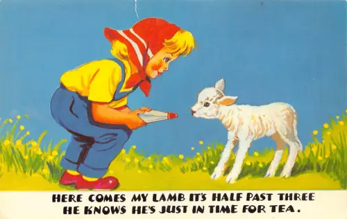 A911 Comic Humor Mädchen füttert Lamm gerade rechtzeitig zum Tee Vintage Postkarte