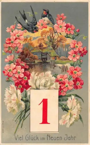 L180 Neujahrsgrüße 1909 Schwalben Vögel Blumen Glück Prägepostkarte