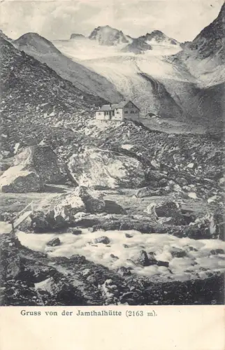 A094 Deutschland Gruss von der Jamthalhütte Hütte Berg 2163m Vintage AK