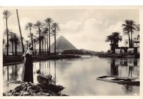 B662 Ägypten Kairo Überschwemmungszeit nahe Pyramiden Ureinwohner ethnisch RPPC Vintage Postkarte