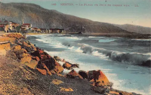 C019 Frankreich Menton La Plage un jour de Grosse Mer 1934 Vintage Postkarte
