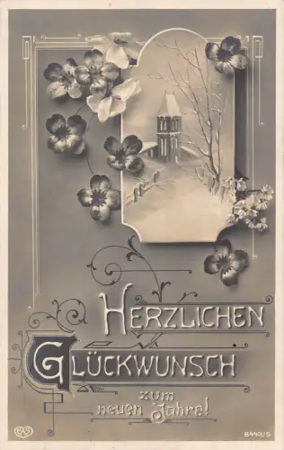 L351 Deutschland 1913 Neujahrsgrüße Schnee Blumen Haus Vintage Postkarte