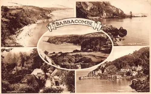 B179 England 1957 Babbacombe Multi-View Cockington Village Beach Postkarte