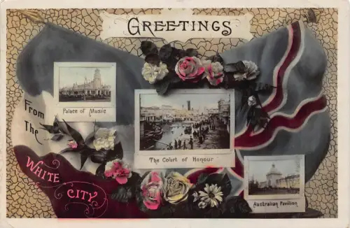 B667 England 1908 Grüße aus weißer Stadt Ausstellung Blumen Fahnen Postkarte