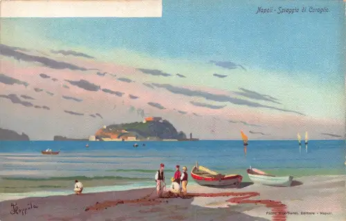 L278 Italien Napoli Neapel Spiaggia di Coroglio Strand Boote Gemälde Schild AK