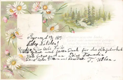 Frühlingsgrüße 1903 Gänseblümchen Blumen Wald Landschaft Gedicht Vintage Postkarte