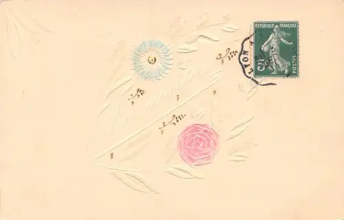 Collage 1911 blaue Blume und Rose aus geklebtem Papier Vintage Postkarte