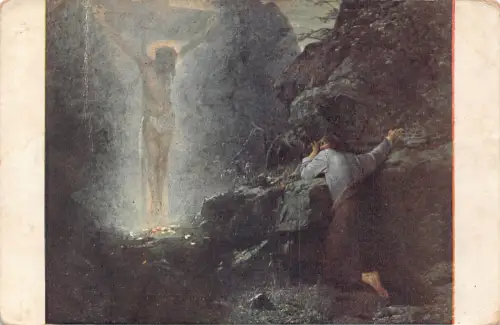 Religiöse Kunst 1916 Judas stellt sich Jesus am Kreuz vor, Münzen Vintage Postkarte