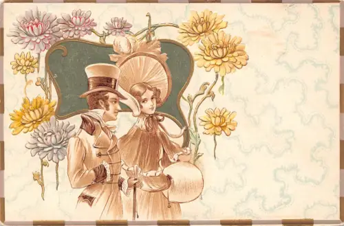 Jugendstil 1899 elegantes Paar Chrysanthemen Blumen geprägt Vintage Postkarte