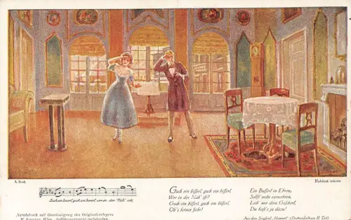 Liebesroman Paar sucht Lied Musiknoten Kunst Vintage Postkarte