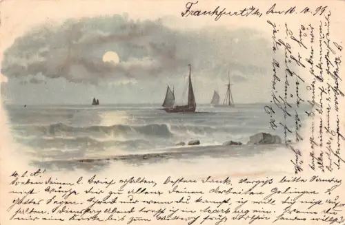 Meerblick 1899 Segelboote bei Mondschein bewölkter Himmel Wellen Vintage Postkarte