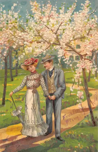B192 Frühlingsromane 1903 Liebende wandelnde Blütenbäume geprägte Postkarte