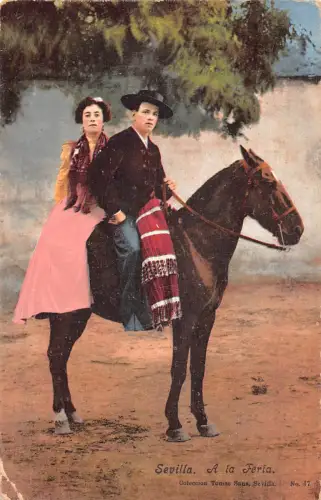 B195 Spanien 1908 Sevilla Sevilla A La Feria Paar reitet Pferd Volks Postkarte