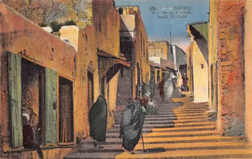 B204 Tunesien Sousse Rue de la Casbah Souk ek Caid Ureinwohner Vintage Postkarte