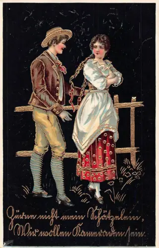 B191 Liebesroman traurige Frau spricht mit Liebhaber nahe Zaun goldene Details Postkarte