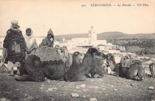 A931 Tunesien Teboursouk Marken Kamele Ureinwohner Männer Ethno Vintage Postkarte