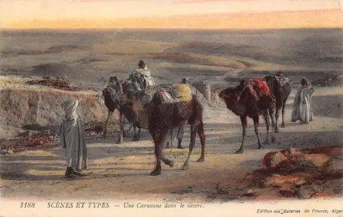 A933 Algerien Szenen et Typen Karawane Dans Wüste Kamele Ureinwohner Postkarte