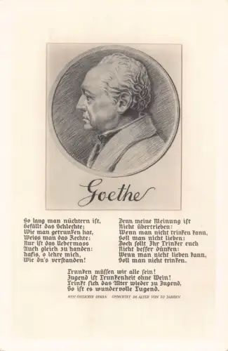 Goethe Portrait Steckbrief und Fragmente seines Gedichts Vintage Postkarte